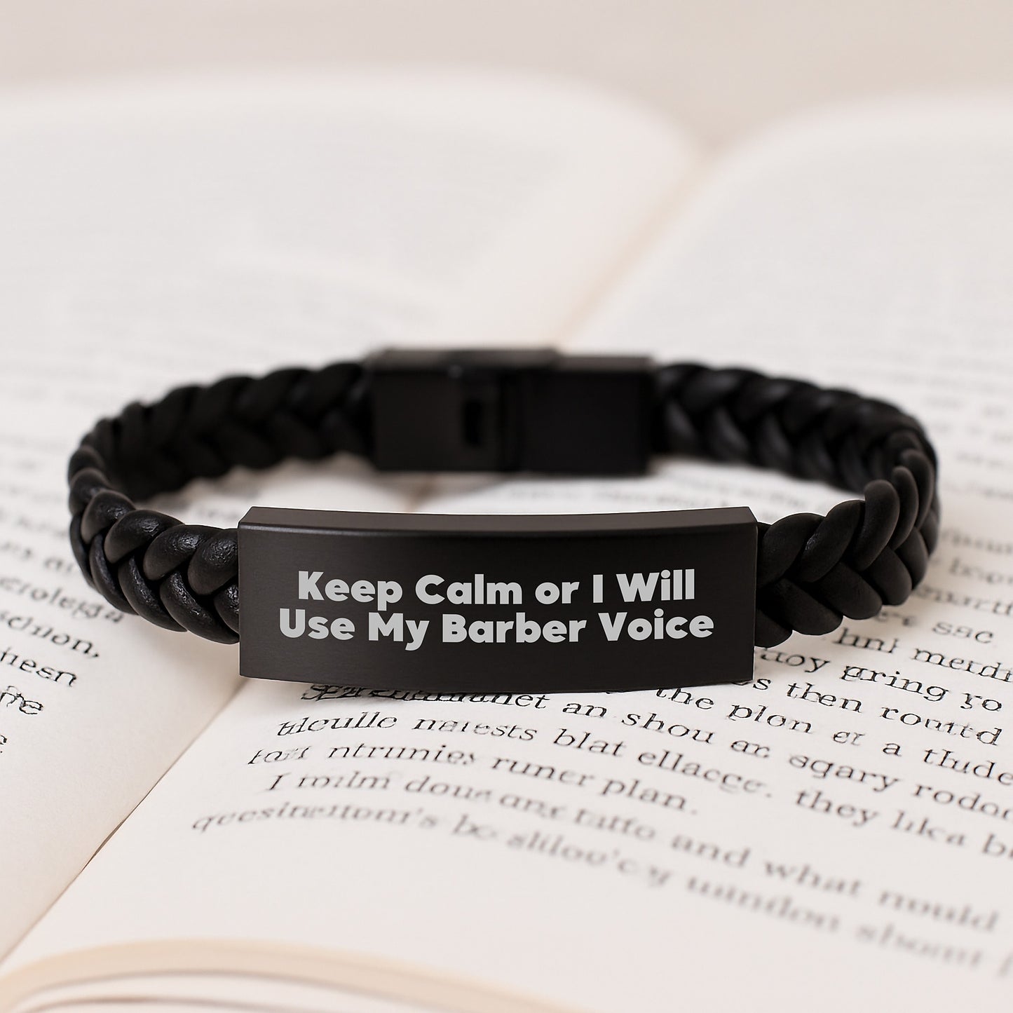 Funny Barber Gifts for Men from Friends, Unique Interlaced Leather Bracelet with Stainless Steel Engraved, Keep Calm Or I Will Use My Barber Voice - Image 3