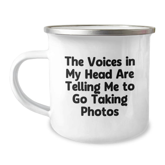 Funny Taking Photos Gifts for Men, Unique Graduation Unique Gifts from Friends, The Voices In My Head Are Telling Me To Go Taking Photos Camping Mug - Image 1