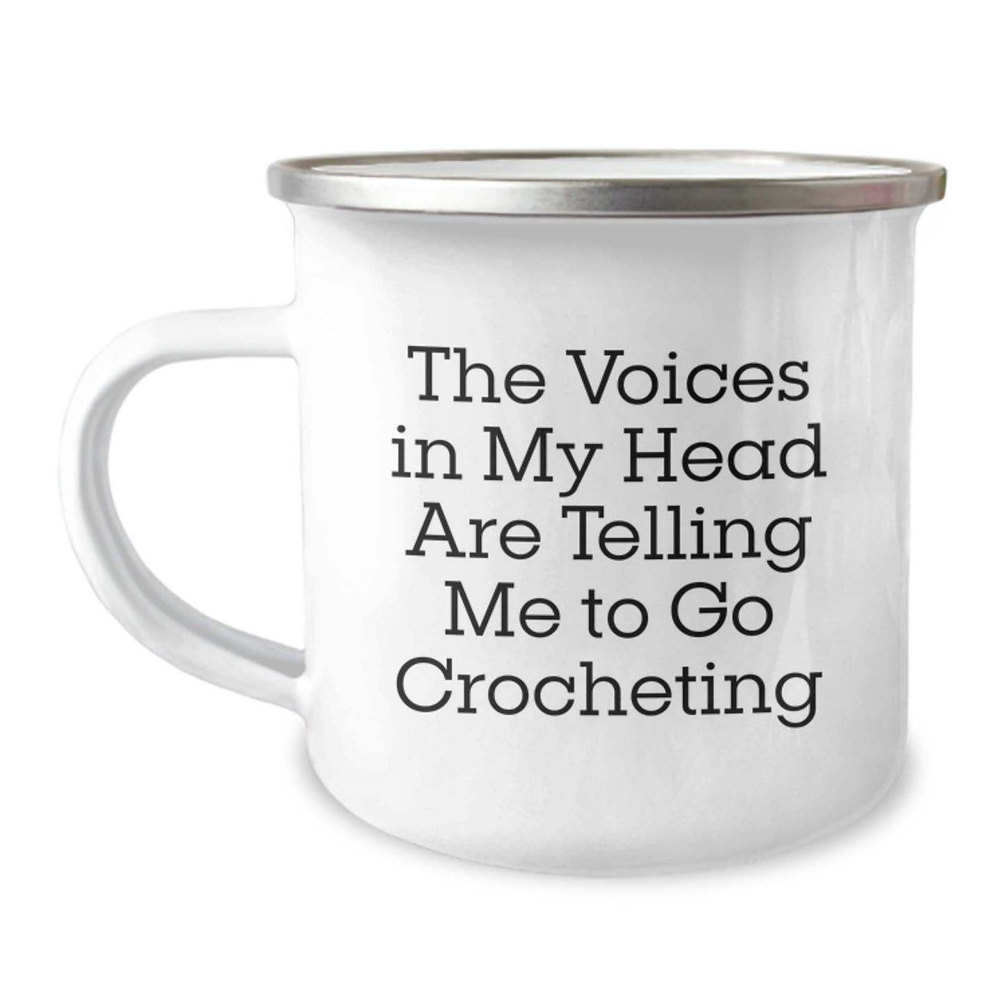 Funny Crocheting Gifts for Friends, The Voices In My Head Are Telling Me To Go Crocheting, Unique Graduation Camping Mugs for Crocheting Lovers - Image 1