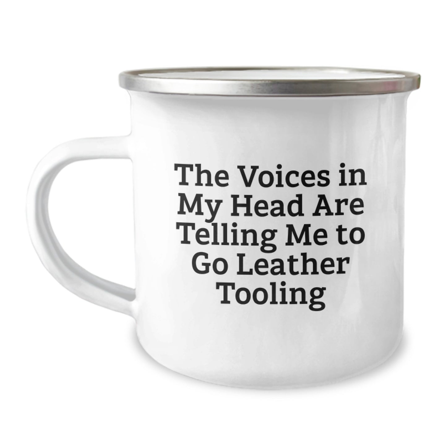 Funny Leather Tooling Gift for Friends - Birthday Unique Leather Tooling Camping Mug 'The Voices In My Head Are Telling Me To Go Leather Tooling' - Image 1