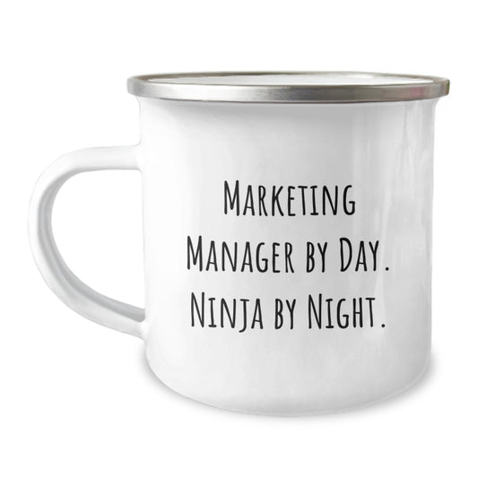 Funny Marketing Manager Gifts from Friends for Christmas, Camping Mug, Marketing Manager By Day. Ninja By Night. - Image 1