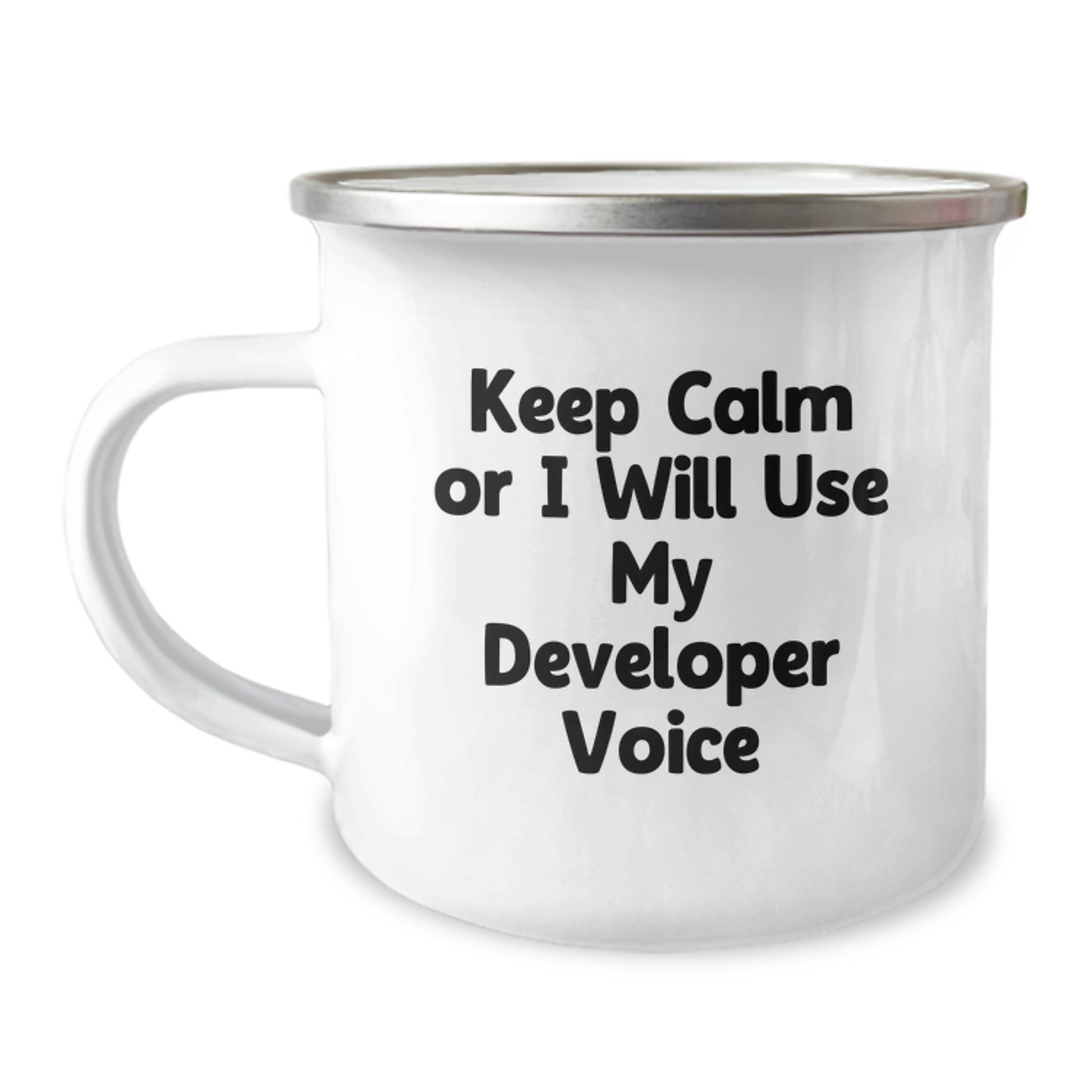 Funny Developer Gifts, Valentine's Unique Camping Mug, 'Keep Calm Or I Will Use My Developer Voice' - Image 1