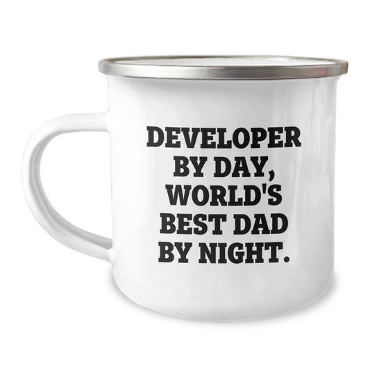 Funny Developer Gifts from Dad, Unique Camping Mug for Techies, Developer By Day World's Best Dad By Night Quote - Image 1