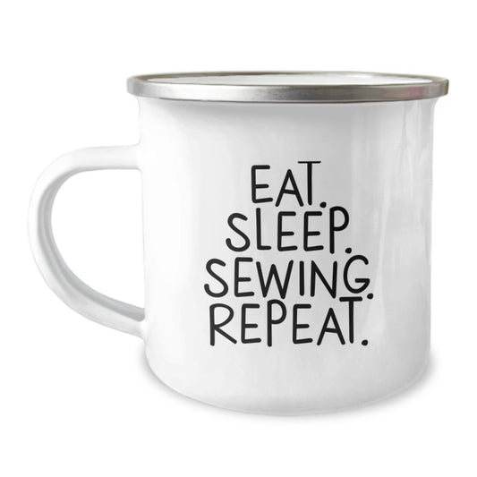 Sewing Enthusiasts Gifts from Family for Friends - Eat. Sleep. Sewing. Repeat. Sewing Camping Mug for Graduation - Image 1