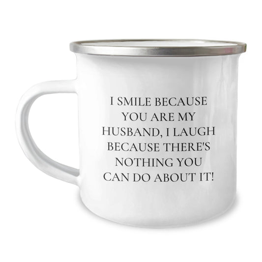 Husband Camping Mug, Funny Quote, Birthday Unique Gifts from Friends to Husband, 12 oz Stainless Steel, Enamel Finish - Image 1