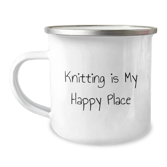 Gifts from Family, for Knitting Lovers, Mother's Day Unique Gifts, Knitting Is My Happy Place Camping Mug - Funny - Image 1