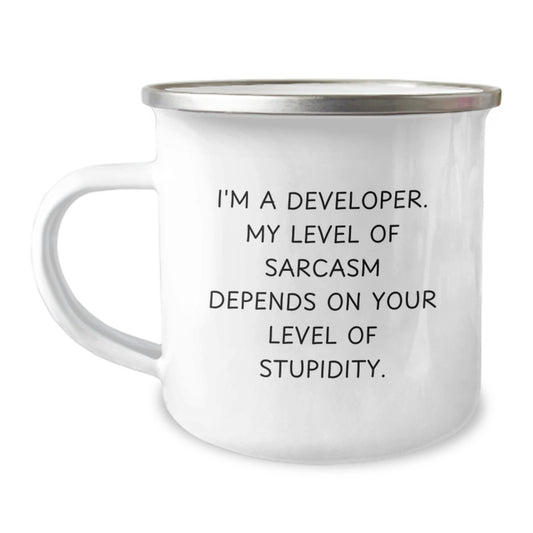 Funny Developer Gifts, Christmas Unique Gifts for Men, Cute Camping Mug, Inspirational Quote 'I'm A Developer. My Level Of Sarcasm Depends On Your Level Of Stupidity.' from Friends or Coworkers - Image 1