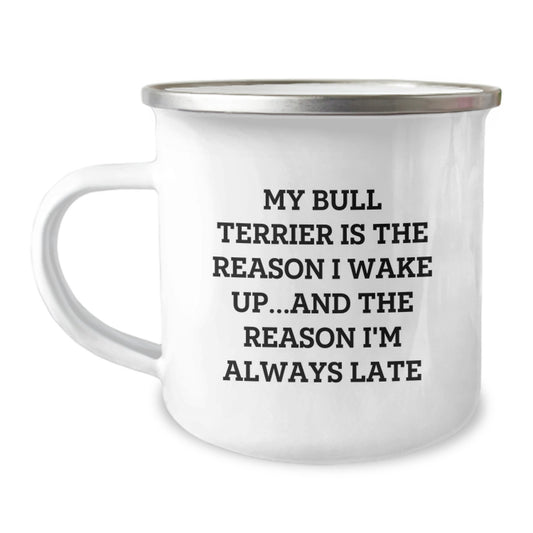 Funny Bull Terrier Dog Gifts for Men - My Bull Terrier Is The Reason I'm Always Late Camping Mug, Birthday Unique Gifts from Friends, Perfect for Coworkers - Image 1