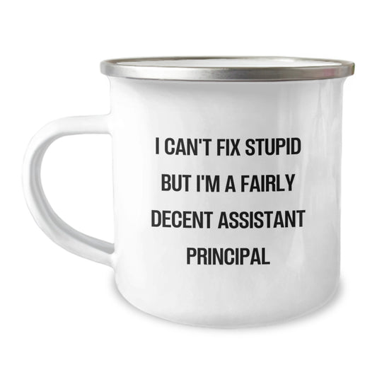 Funny Assistant Principal Gifts from Friends to Assistant Principal, I Can't Fix Stupid But I'm A Fairly Decent Camping Mug for Graduation, Men or Women - Image 1
