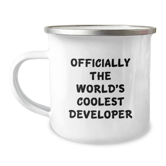 Developer Gifts from Friends to Developer - Camping Mug for Graduation Celebration, 'Officially The World's Coolest Developer' Quote, 12 oz Stainless Steel Enamel Finish - Image 1