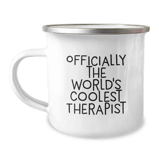 Funny Gifts for Therapists, Camping Mugs for Unique Therapist Graduation Gifts from Friends or Family, 'Officially The World's Coolest Therapist' Enamel Mug - Image 1