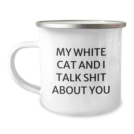 Funny White Cat Camping Mug Gifts for Friends - White Cat Lover Birthday Unique - Image 1