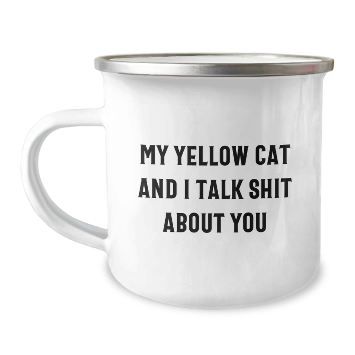 Funny Yellow Cat Gifts from Family for Graduation Unique Camping Mug, Yellow Cat Says 'Talk Shit About You' - Image 1