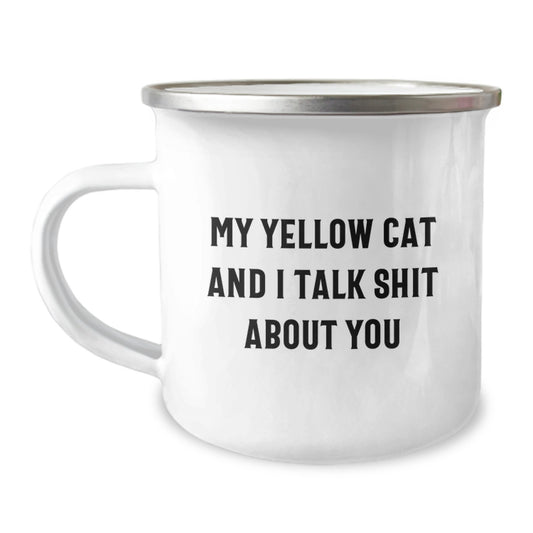 Funny Yellow Cat Gifts from Family for Graduation Unique Camping Mug, Yellow Cat Says 'Talk Shit About You' - Image 1