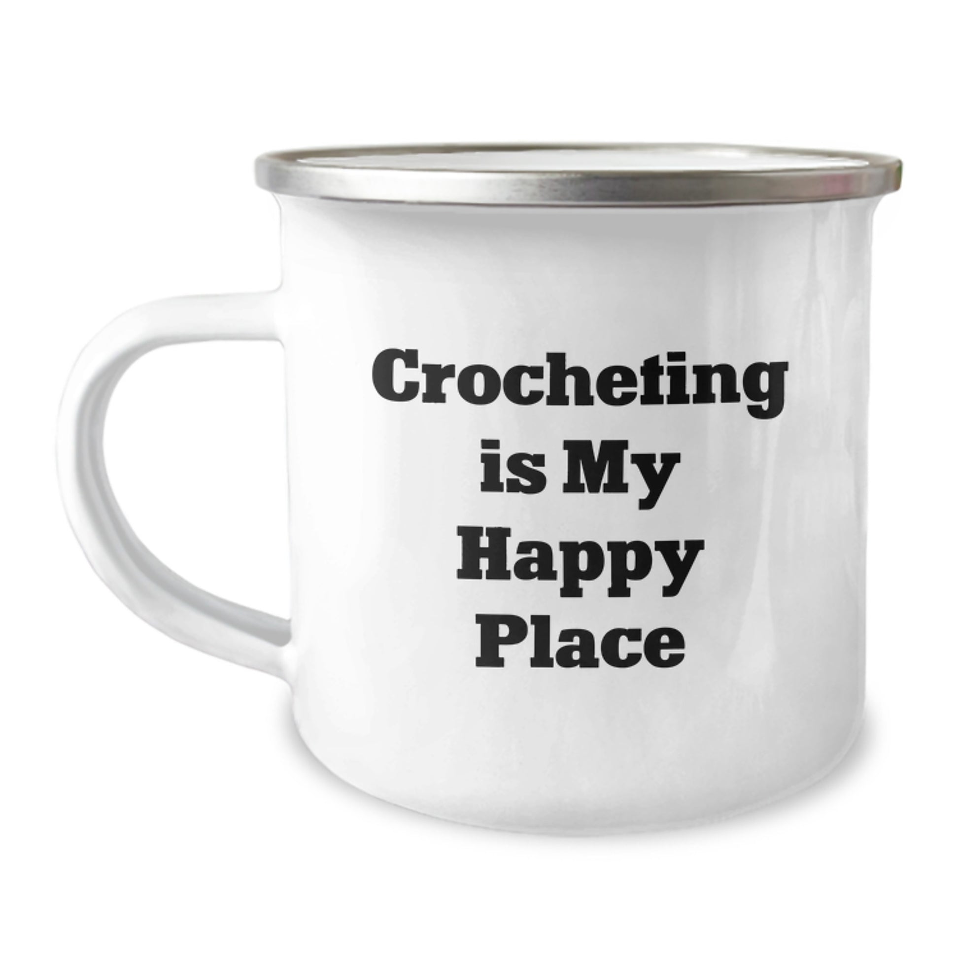 Birthday Unique Gifts for Crocheting Enthusiasts - 'Crocheting Is My Happy Place' Funny Camping Mug, 12 oz Stainless Steel with Enamel Finish, Perfect for Crocheting Friends and Family - Image 1
