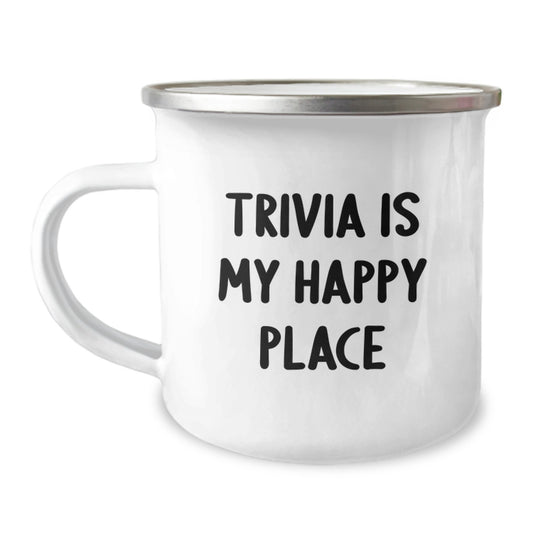 Trivia Gifts for Friends, Funny Inspirational Trivia Is My Happy Place Camping Mug for Graduation Unique Gifts from Family - Image 1