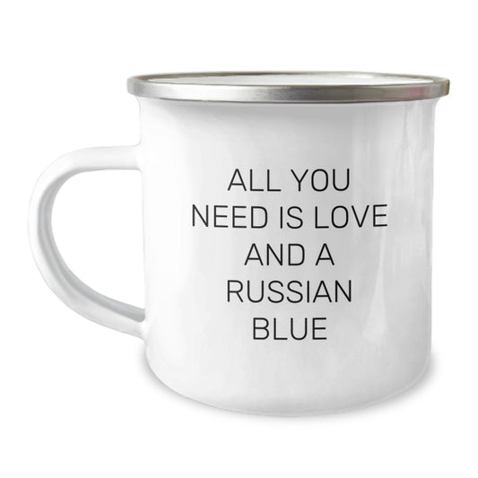 Funny Russian Blue Cat Camping Mug Gifts for Men, Funny Russian Blue Cat Birthday Unique Gifts from Friends, All You Need Is Love And A Russian Blue Quote - Image 1