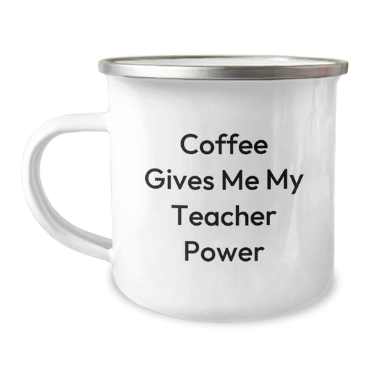 Funny Teacher Gifts from Friends for Men, Women, and Coworkers - Coffee Gives Me My Teacher Power Enamel Camping Mug for Graduation - Image 1