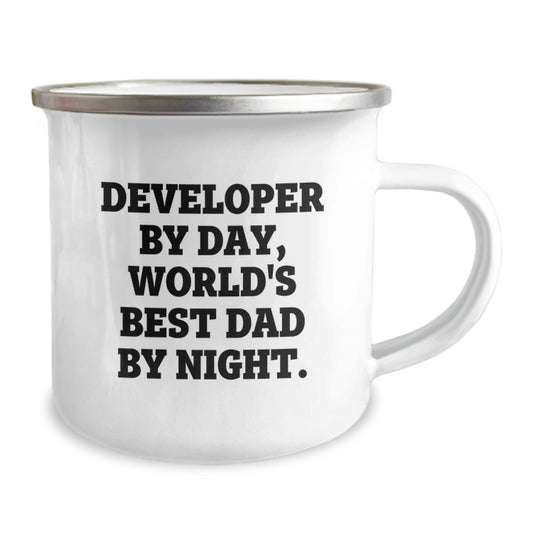 Funny Developer Gifts from Dad, Unique Camping Mug for Techies, Developer By Day World's Best Dad By Night Quote - Image 2