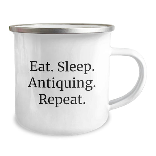 Antiquing Enthusiast's Delight, Eat. Sleep. Antiquing. Repeat., Gifts from Friends for Birthday Antiquing Fun, 12 oz Stainless Steel Camping Mug - Image 2