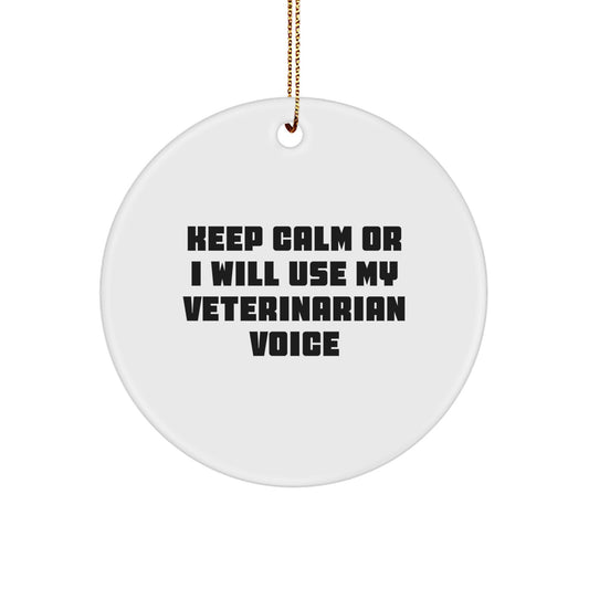 Funny Veterinarian Gifts from Family, Unique Christmas Ornaments for Veterinarian Friends, Keep Calm Or I Will Use My 'Veterinarian Voice' Circle Ornament - Image 1