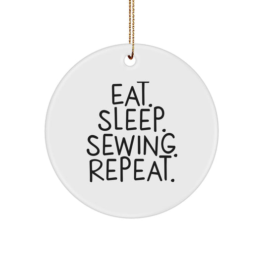 Funny Sewing Gifts for Friends and Family - Eat. Sleep. Sewing. Repeat. Christmas Circle Ornament - Image 1
