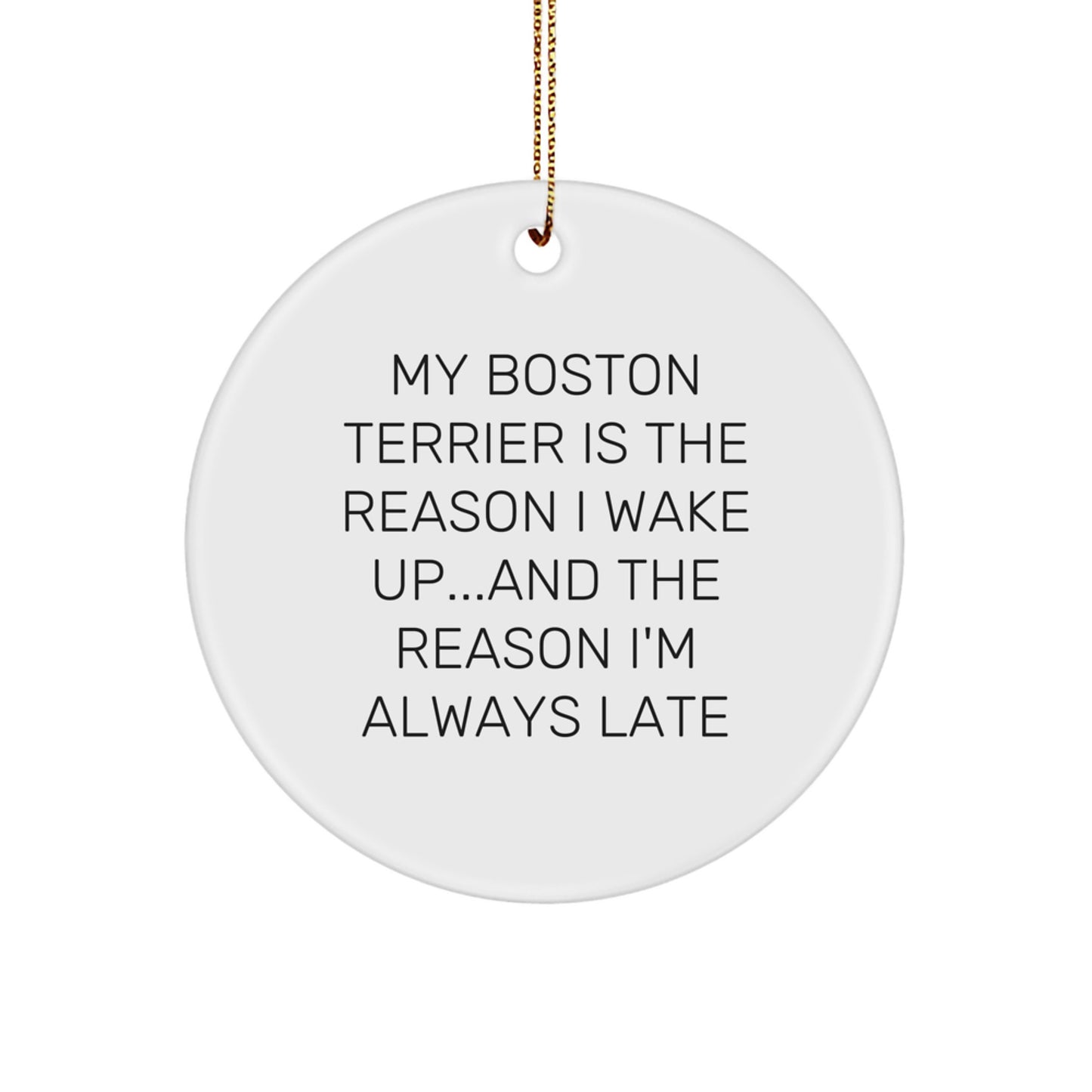 Funny Boston Terrier Dog Christmas Unique Gifts for Friends from Men, Unique Circle Ornament Quote My Boston Terrier Is The Reason I Wake Up and The Reason Im Always Late - Image 1