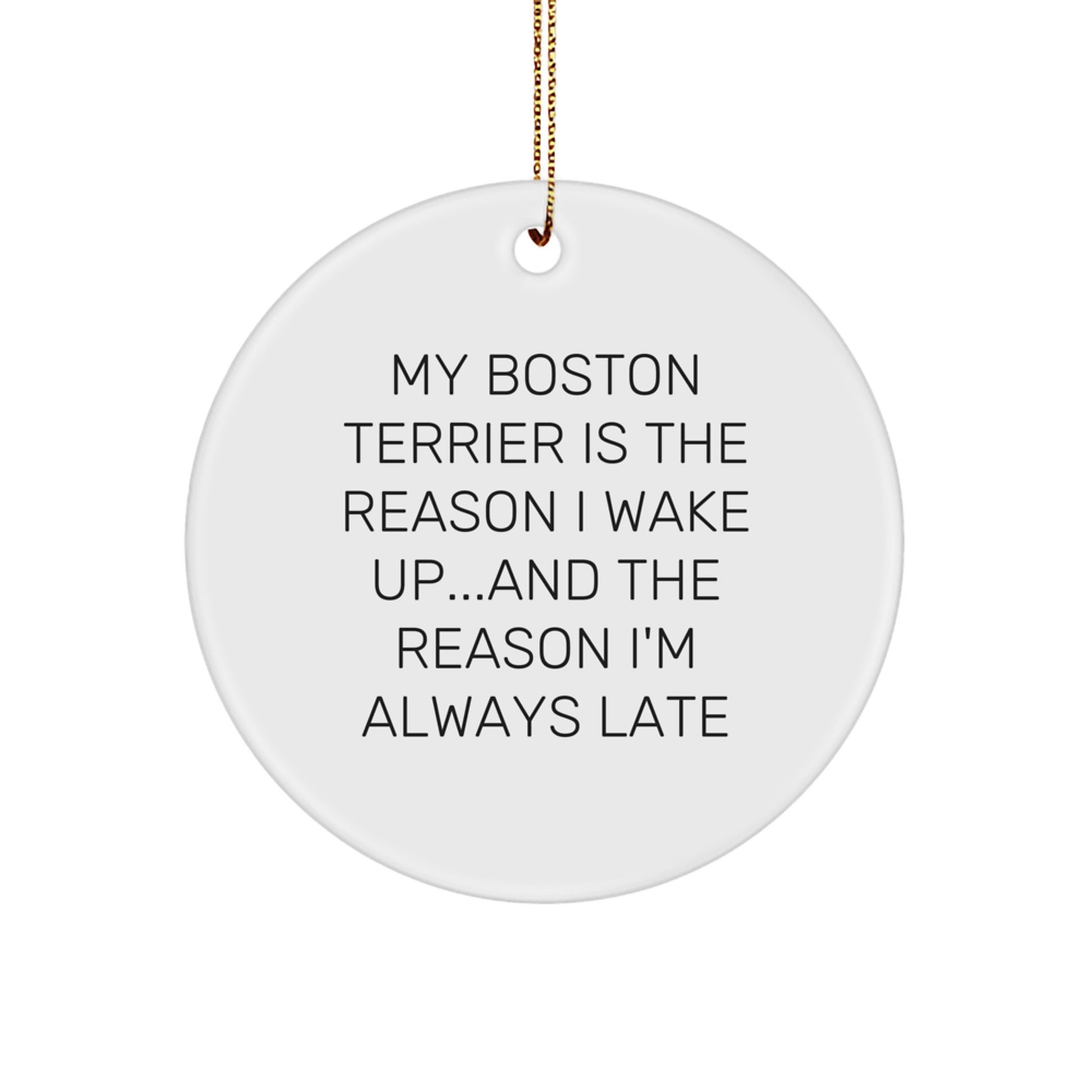 Funny Boston Terrier Dog Christmas Unique Gifts for Friends from Men, Unique Circle Ornament Quote My Boston Terrier Is The Reason I Wake Up and The Reason Im Always Late - Image 1
