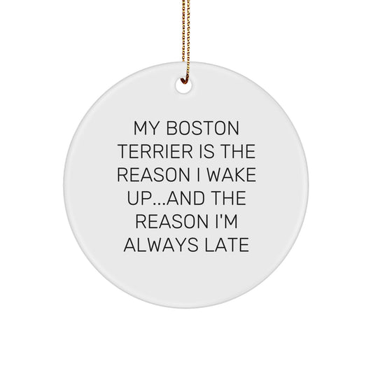 Funny Boston Terrier Dog Christmas Unique Gifts for Friends from Men, Unique Circle Ornament Quote My Boston Terrier Is The Reason I Wake Up and The Reason Im Always Late - Image 1