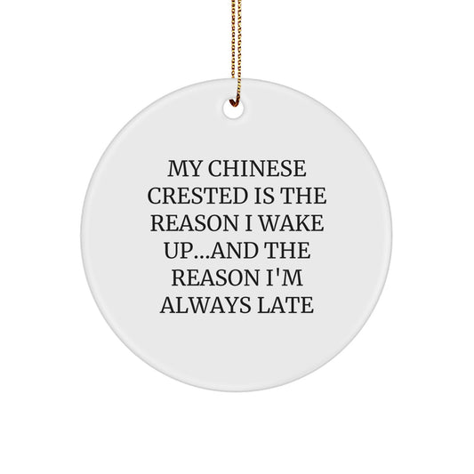 Funny Chinese Crested Dog Gifts from Friends - My Chinese Crested Is The Reason I Wake Up...and The Reason I'm Always Late, Unique Christmas Decorations, Circle Ornament - Image 1