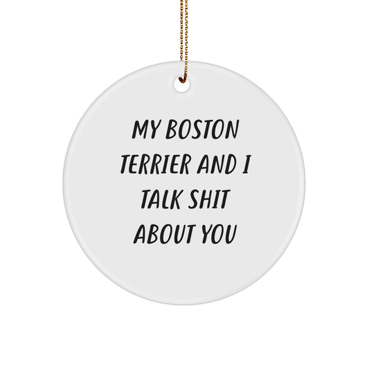 Funny Boston Terrier Dog Gifts from Friends - My Boston Terrier And I Talk Shit About You, Cute Christmas Unique Circle Ornament for Boston Terrier Dog Owners - Image 1