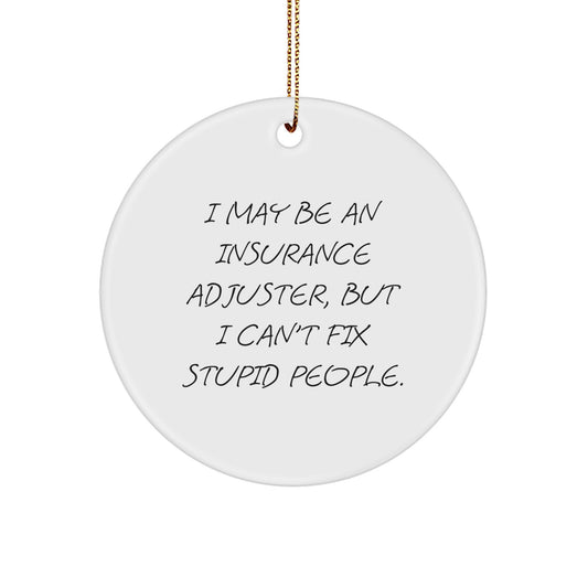 Funny Insurance Adjuster Gifts from Friends for Christmas Circle Ornament with I May Be An Insurance Adjuster But I Cant Fix Stupid People Quote - Image 1