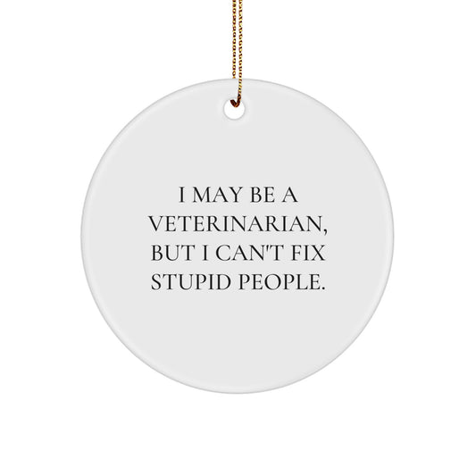 Funny Veterinarian Christmas Unique Gifts from Friends for Veterinarian Men with I May Be A Veterinarian, But I Can't Fix Stupid People. Circle Ornament - Image 1