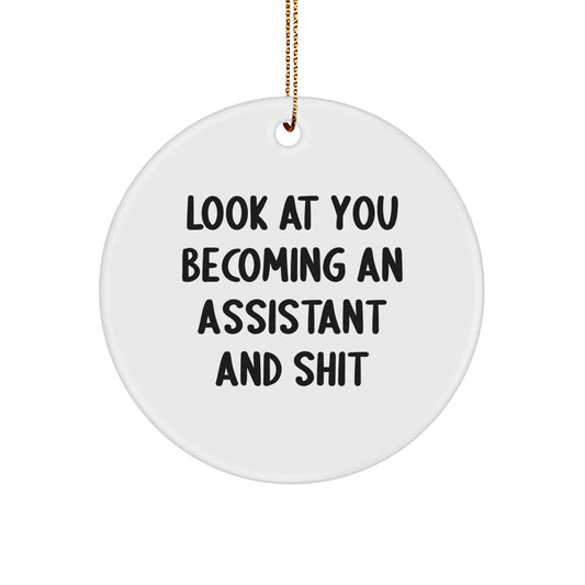 Funny Assistant Gifts from Friends and Family - Christmas Unique Circle Ornament, 'Look At You Becoming An Assistant And Shit' Quote, White Circle Shaped - Image 1