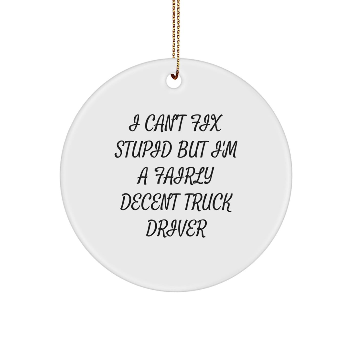 Funny Trucker Christmas Unique Gifts for Men from Friends, Circle Ornament, I 'Can't Fix Stupid But I'm A Fairly Decent Truck Driver' Quote - Image 1