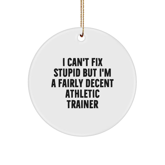 Funny Athletic Trainer Gifts from Friends and Family, 'I Can't Fix Stupid But I'm A Fairly Decent Athletic Trainer' Christmas Ornament for Men, Women, Coworkers - Image 1