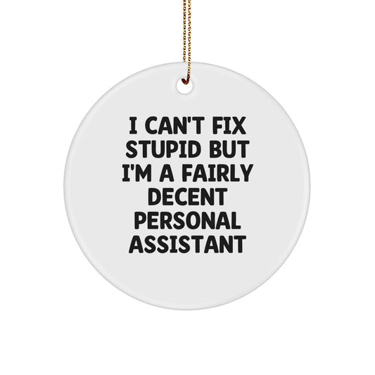 Funny Personal Assistant Gifts, Circle Ornament, 'I Can't Fix Stupid But I'm A Fairly Decent Personal Assistant' Quote, Perfect for Friends, Coworkers, or Family, Christmas Unique Gifts from Men - Image 1