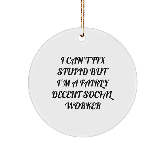 Funny Social Worker Gifts for Men Women Friends Coworkers | I Can't Fix Stupid But I'm A Fairly Decent Social Worker Christmas Circle Ornament - Image 1