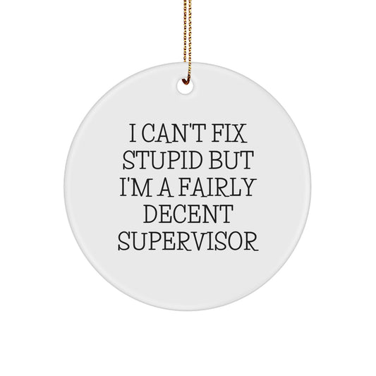 Funny Supervisor Gifts from Men for Supervisor, I Can't Fix Stupid But I'm A Fairly Decent Supervisor Christmas Unique Gifts for Coworkers, Circle Ornament for Office - Image 1
