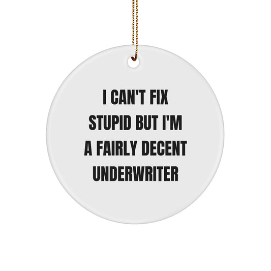 Underwriter Gifts from Friends, Family, or Coworkers - I Can't Fix Stupid But I'm A Fairly Decent Underwriter Circle Ornament for Men, Women, or Colleagues - Unique Christmas Unique Gift - Image 1