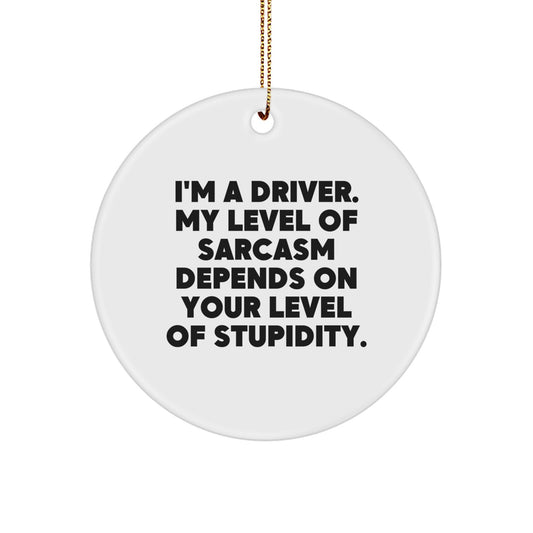 Funny Driver Gifts - 'I'm A Driver. My Level Of Sarcasm Depends On Your Level Of Stupidity.' Circle Ornament for Men, Women, Friends, Coworkers, Family - Christmas Unique Gifts from Friends - Image 1