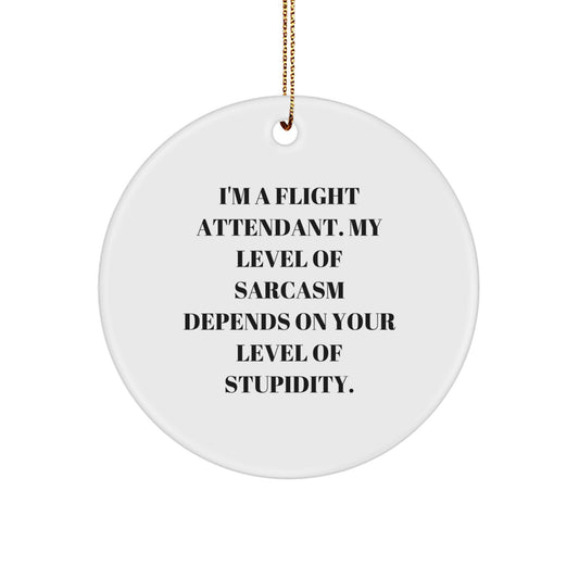 Funny Flight Attendant Gifts from Friends - 'I'm A Flight Attendant. My Level Of Sarcasm Depends On Your Level Of Stupidity.' White Circle Ornament for Christmas - Image 1