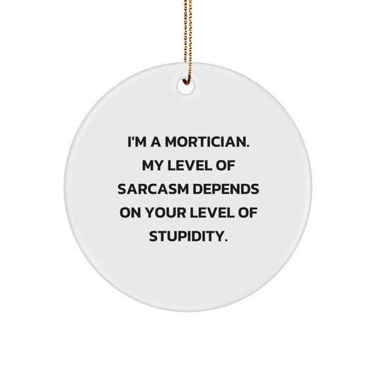 Funny Mortician Gifts from Friends for Mortician - Christmas Unique Circle Ornament, 'I'm A Mortician My Level Of Sarcasm Depends On Your Level Of Stupidity' Quote - Image 1