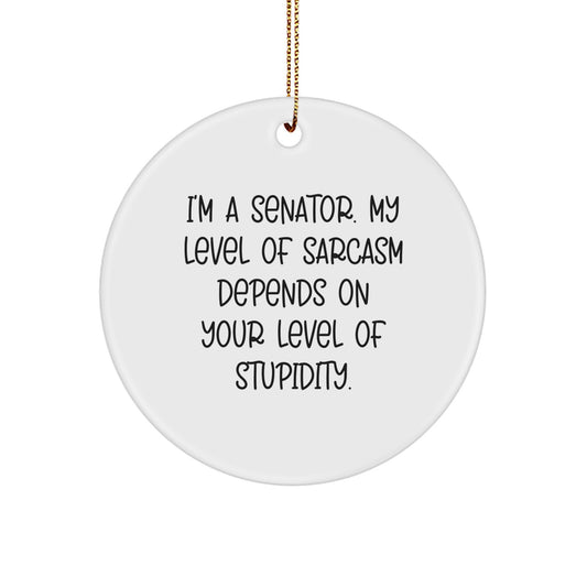 Senator Sarcasm Circle Ornament, Gifts from Friends and Family, Funny Quote, White, 2.75'' tall, MDF, High-Gloss Plastic Finish, Easy Hanging, Christmas Unique Gifts for Senator, Senator Gifts - Image 1