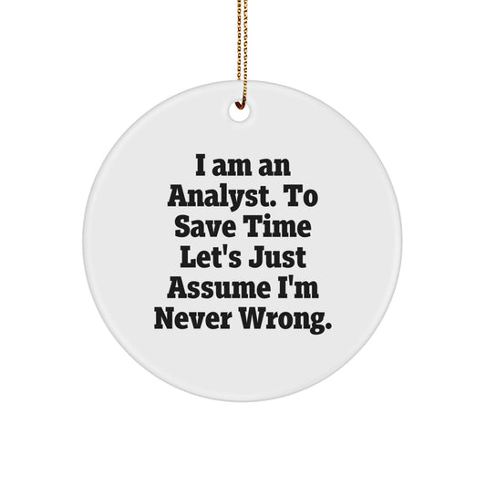 Funny Analyst Gifts from Friends for Christmas Circle Ornament, 'I Am An Analyst. To Save Time Let's Just Assume I'm Never Wrong.' - Image 1