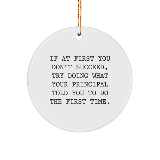 Funny Principal Gifts Christmas Circle Ornament, If At First You Don't Succeed, Try Doing What Your Principal Told You To Do The First Time., Gifts from Men to Principal, for Christmas - Image 1