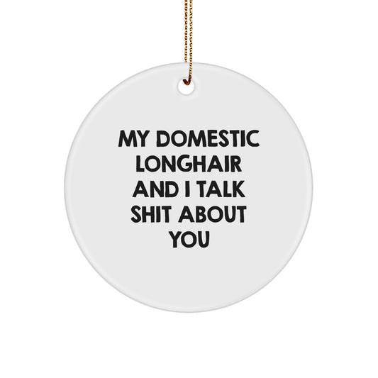 Funny Domestic Longhair Cat Gifts for Friends - Gifts from Men to Family with a White Circle Ornament, My Domestic Longhair And I Talk Shit About You Quote, Christmas Unique Gifts - Image 1