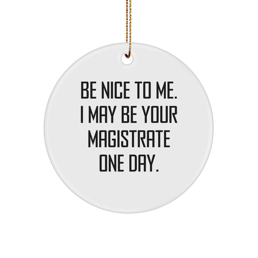 Funny Magistrate Gifts - Be Nice To Me. I May Be Your Magistrate One Day. Circle Ornament for Christmas, Gifts from Friends, Family, Coworkers, Magistrate to Men, Women, Family - Image 1