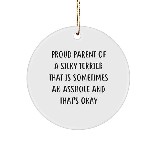Funny Silky Terrier Dog Gifts from Friends for Christmas, Silky Terrier Lover Circle Ornament, Proud Parent Quote - Image 1