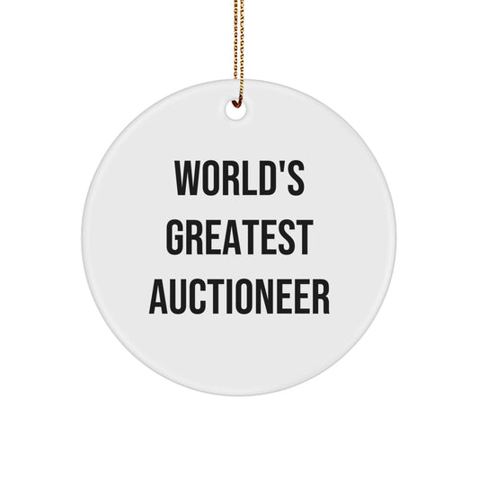 Funny World's Greatest Auctioneer Gifts from Friends for Men - Unique Christmas Circle Ornament, White, MDF, Sublimation Printed, Gold Cord - Image 1